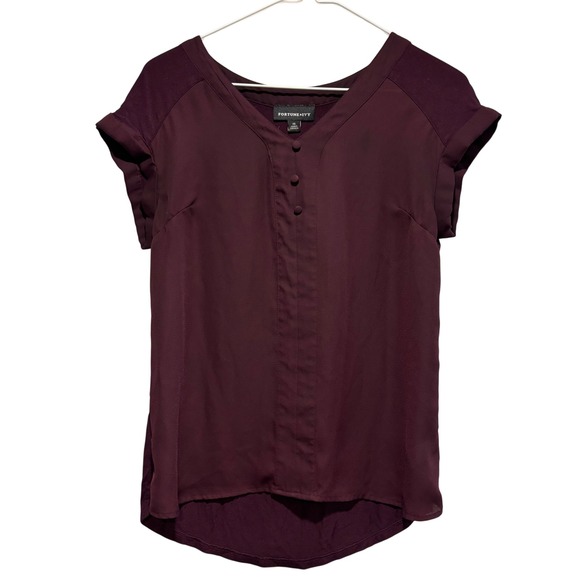 Fortune + Ivy Tops - Fortune + Ivy Burgundy Mixed Media‎ V-Neck Blouse Cuffed Cap Sleeve XS Womens